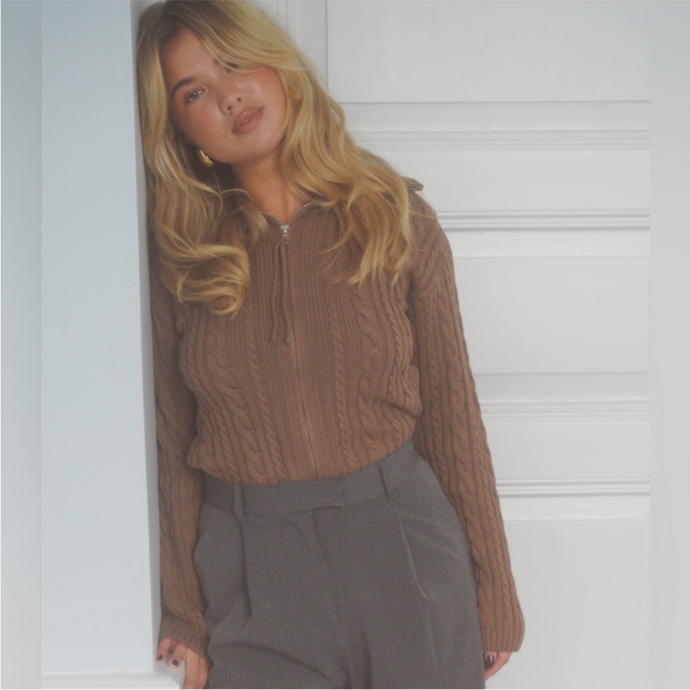 Djerf Avenue Ready Set Go Cardigan Sweater Zip Up Brown Size S
